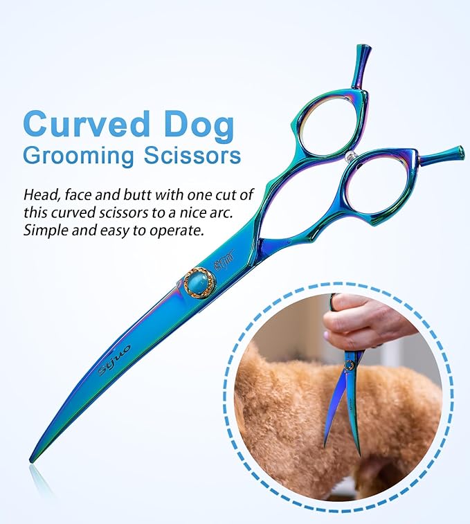 Stjuo 7.5'' Dog Curved Scissors for Grooming 440C Stainless Steel Green Professional Pet Trimming Scissors Sharp Blades Cutting for Dogs and Cats Shears