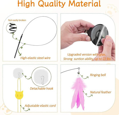 SUNSHINETOP Cat Wand Toy, Interactive Kitten Feather Toys Self Play, Cat Teaser for Indoor Cats Reusable Suction Cup Toys for Indoor Cats Kittens Play Exercise