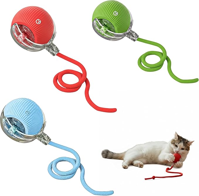 Interactive Cat Toys for Indoor Cats,The 3rd Generation Agile Moving Cat Ball with Elastic Mesh Tail,Automatic Kitten Toys for Bored Indoor Adult Cats,Motion Activated - Pack of 3 (Red, Green, Blue)