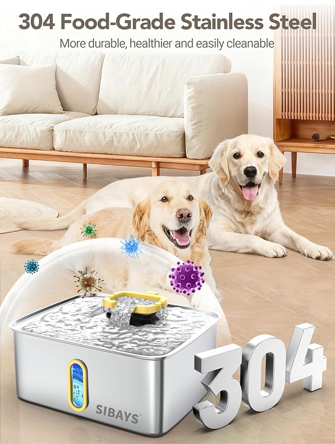 SIBAYS 4Gal/15L Stainless Steel Large Dog Water Fountain, Ultra Quiet Automatic Pet Water Fountain, Dog Water Bowl Dispenser with Water Level Window and LED Light, Easy to Clean(FS78, Silver-Yellow)