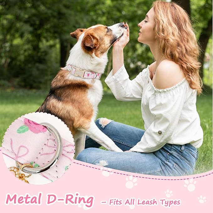 Dog Collars for Medium Dogs, Adjustable Pink Dog Collars with Rose Pattern, Cute Dog Collar for Dogs Spring Summer Collars for Girl Boy Dog-M