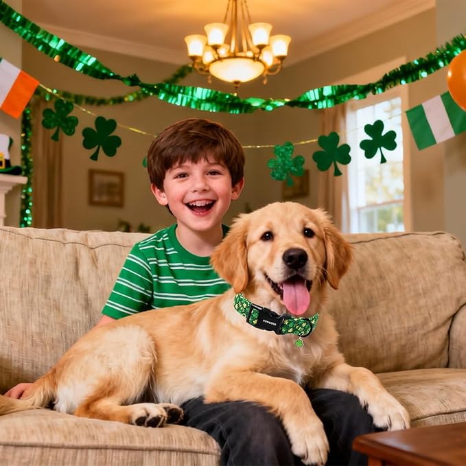 DOGWONG St Patrick's Dog Collar, Green Clover Pet Collar Cotton Shamrock Pet Collar Cute Puppy Collar Adjustable Pet Dog Collars for Small Dogs,S