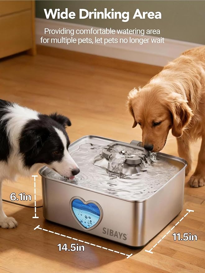 SIBAYS 15L Large Dog Water Fountain, 4 Gal Stainless Steel Pet Water Fountain for Dogs Inside, Ultra Quiet Automatic Dog Water Bowl Dispenser with Water Level Window & LED Light, Easy to Clean FS80