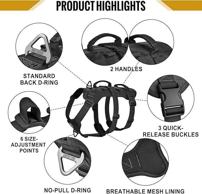 OneTigris Escape Proof Dog Harness, No Pull Dog Harness with Handles, Tactical Multi-Use Support Dogs Harnes for Large Dogs Everyday Wear Walking Hiking Training (Black, Medium)