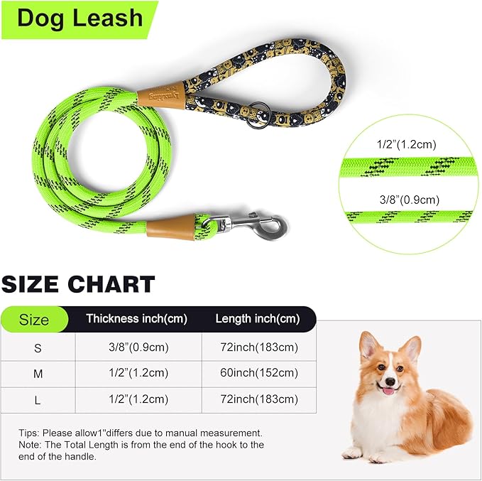 lynxking Rope Dog Leash 6 FT with Comfortable Padded Handle, Highly Reflective Threads Leash for Small Medium Large Dogs (Light Green, Large 1/2in x 6ft-Rope Clasp)