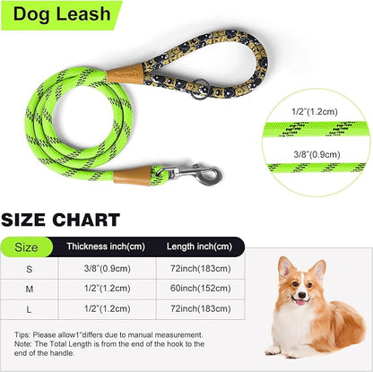 lynxking Rope Dog Leash 6 FT with Comfortable Padded Handle, Highly Reflective Threads Leash for Small Medium Large Dogs (Light Green, Large 1/2in x 6ft-Rope Clasp)