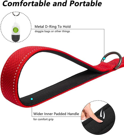PetiFine 6FT Heavy Duty Dog Leash with Soft Padded Double Handle, Durable Strong Clasp Dog Leashes, Reflective Nylon Walking Lead for Large,Medium,Small Breed Dogs, Red