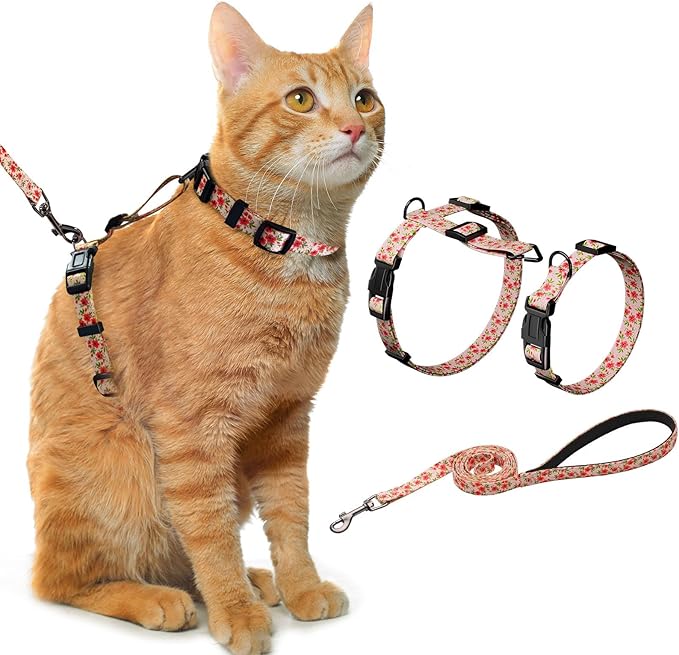 Hikiko Cat Harness and Leash Set Escape Proof Adjustable Walking Travel Cute Kitten Harness for Small Medium Large Cats (Cream Natural, S)