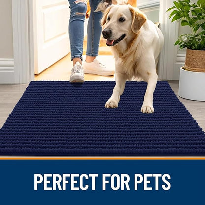 OLANLY Dog Door Mat for Muddy Paws 36x24, Ultra Absorbent Chenille Mud Doormat, Non-Slip Washable and Dirt Trapping Doormat for Indoor Entryway, Quick-Dry Indoor Pet Bed Mats for Dogs, Navy Blue