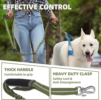 PUPTECK Heavy Duty Bungee Leash for Medium Large Dogs, No Pull Tactical Dog Leash with Double Handles for Training, Reflective with Car Seatbelt and Quick Release Buckle, Green