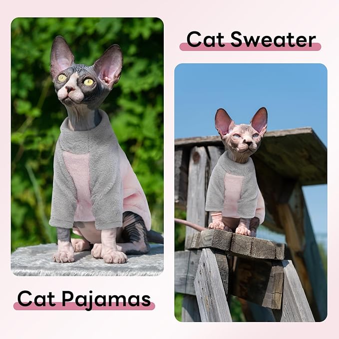 T'CHAQUE Sphynx Cat Clothes, Soft Fleece Winter Sweaters for Hairless Cats, Warm Pajama Jumpsuit with Sleeves and Hoodie, Cozy Pullover Outfit for Kittens