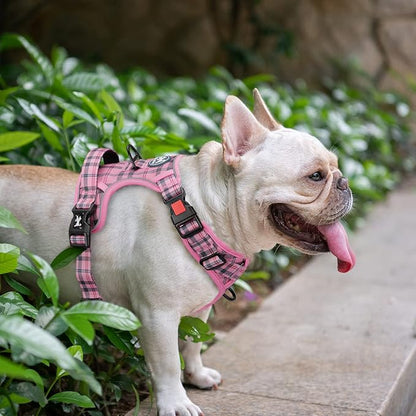 PoyPet No Pull Dog Harness, [Release at Neck] Reflective Adjustable No Choke Pet Vest with Front & Back 2 Leash Attachments, Soft Control Training Handle for Medium Dogs(Checkered Pink,M)
