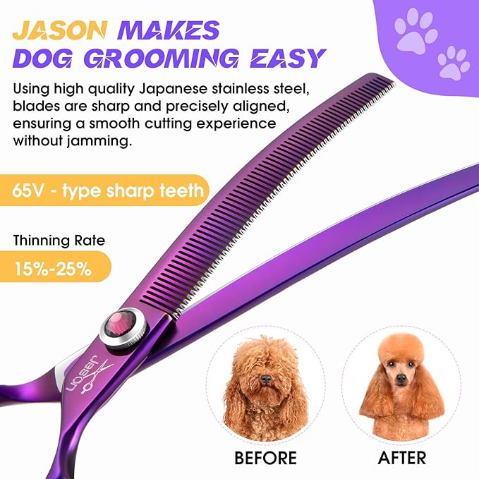 JASON 7.5" Dog Grooming Scissors - Professional Curved Thinning Shears for Grooming, Japanese 440C Stainless Steel Blender Shears with Diamond Adjustable Screw (65 Teeth, Purple) Christmas Gift