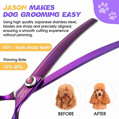 JASON 7.5" Dog Grooming Scissors - Professional Curved Thinning Shears for Grooming, Japanese 440C Stainless Steel Blender Shears with Diamond Adjustable Screw (65 Teeth, Purple) Christmas Gift