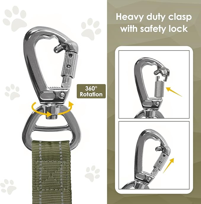 AUBELL Tactical Dog Leash Heavy Duty,4-6ft Reflective Strong No Pull Bungee Leash for Medium Large Dogs with Comfortable Padded Double Handle,Car Seat Belt,360 Degree Rotating Carabiner,Green