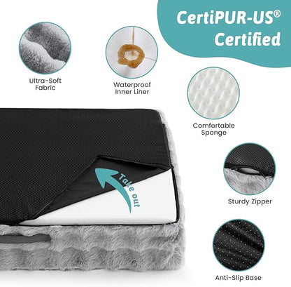 COZY KISS Faux Rabbit Fur Orthopedic Dog Bed, Dog Bed for Medium Size, Supportive Foam Pet Sofa with Waterproof Lining Cover, Washable U-Shaped Pet Couch with Anti-Slip Bottom, Grey M 30x20x6.5 inch
