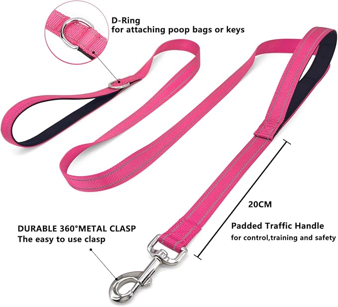 6 FT Dog Leash with 2 Padded Handle Nylon Reflective Dogs Leashes for Small Medium Large Dogs Hot Pink