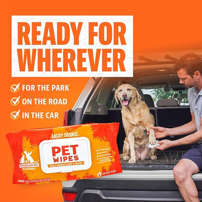 ANGRY ORANGE Pet Wipes for Dogs and Cats - Unscented and Gentle Grooming Wipes for Paws, Fur and Butt - 320 Count - Value 4 Pack