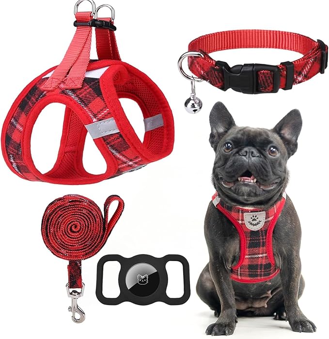 EXPAWLORER Classic Plaid Puppy Harness - Small Dog Harness and Leash Set - Dog Collar and Leash Set with AirTag Holder, Soft Padded Step in Dog Vest Harness No Pull Reflective for Outdoor, Red XS