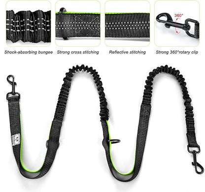SHINE HAI Retractable Hands Free Dog Leash with Dual Bungees for 2 Dogs, Adjustable Waist Belt, Reflective Stitching Leash for Running Walking Hiking Jogging Biking Black - Green