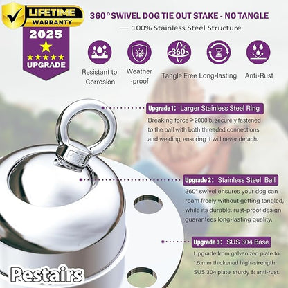 360° Swivel Dog Tie Out Stake Dog Anchor Upgrade - Heavy Duty Stainless Steel Dog Yard Stake for Small to Large Dogs 6 PCS Dog Tethers Holds 1500Lbs of Pull Force Great for Yard Camping Outdoor