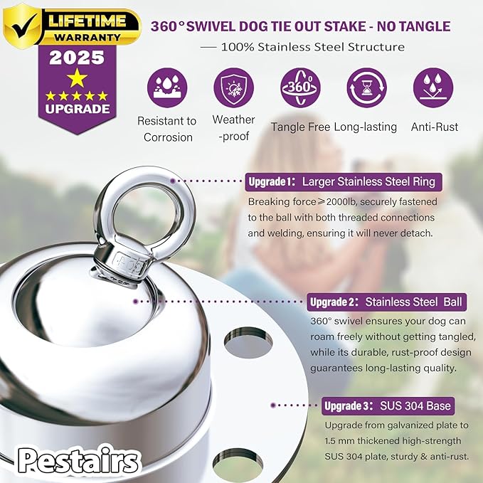360° Swivel Dog Tie Out Cable and Stake - 50 Ft Dog Yard Leash and Stake Rust Proof for Small Medium Large Dogs - Petfect for Grass Yard Camping Outdoor