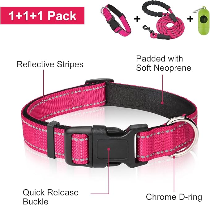 Dynmeow Reflective Dog Collar and Leash Set, 6FT Strong Climbing Rope Leash with Padded Handle, Adjustable Pet Collar with Soft Neoprene Padding for Puppy Small Dogs, Hot-Pink, Xs