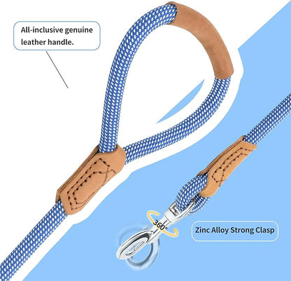 Mile High Life | Premium Leather Dog Leash | Strong Rope Leash | Leather Handle | Zinc Alloy Strong Clasp | Small Medium Large Dogs | 4/5/6 Feet(Blue White, 48 Inch (Pack of 1))