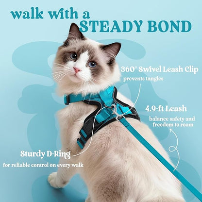 rabbitgoo Cat Harness and Leash for Walking, Escape Proof Soft Adjustable Vest Harnesses for Cats, Easy Control Breathable Reflective Strips Jacket, Teal, M