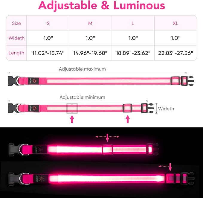 Vizpet LED Dog Collar, Light Up Dog Collar Adjustable USB Rechargeable Super Bright Safety Light Glowing Collars for Dogs (Large, Pink)