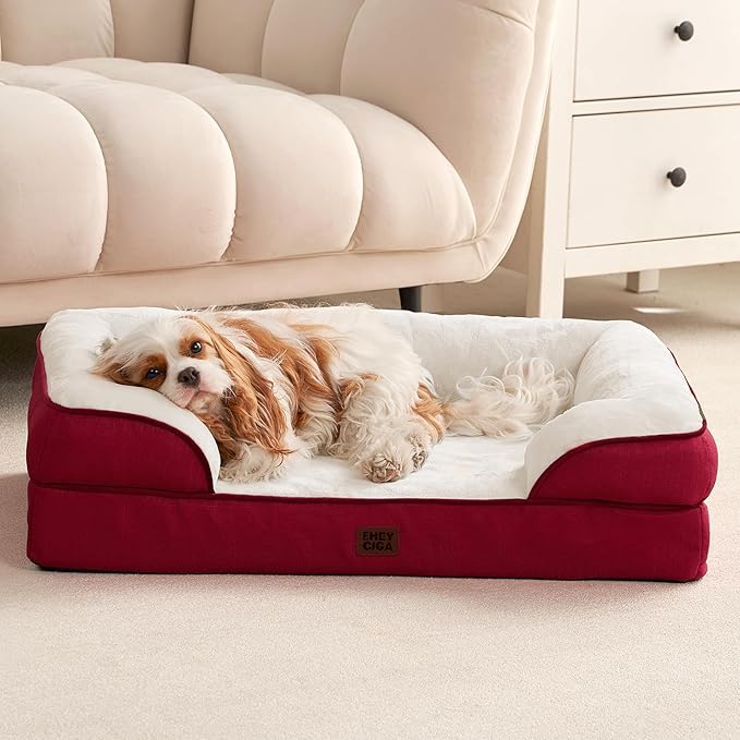 EHEYCIGA Orthopedic Dog Bed for Medium Dogs, Waterproof Memory Foam Medium Dog Beds with Sides, Non-Slip Bottom and Egg-Crate Foam Pet Couch Bed with Washable Removable Cover,Red