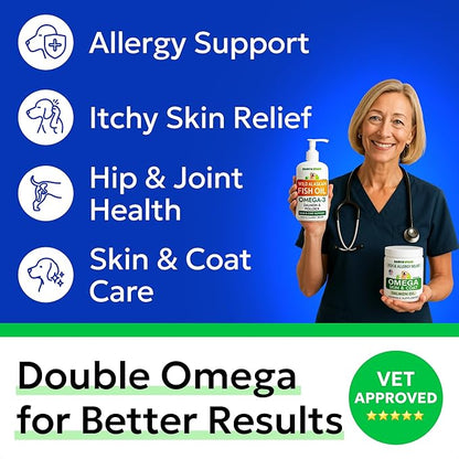 BARK&SPARK Omega 3 + Fish Oil for Dogs - Skin Allergy Chews, Itch Relief, Hot Spots Treatment - Fish Oil Liquid Supplement for Pets, EPA+DHA Fatty Acids, Skin & Coat Support - Bundle: 180 Ct + 16 Oz