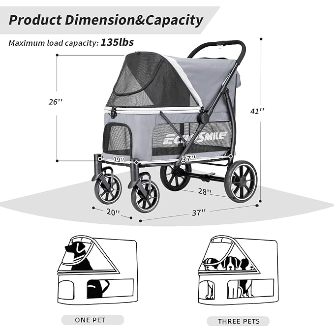 EchoSmile Dog Stroller for Large Dogs, 135lbs Weight Extra Large Pet Stroller, 4 Wheels Cats & Dogs Carrier with Brakes, Breathable Mesh Windows & Pocket, Gray
