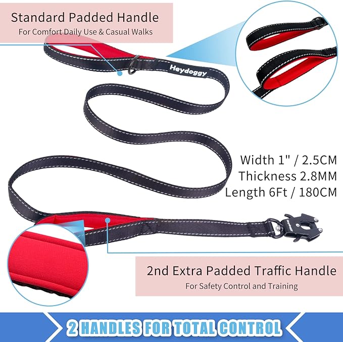 Strong Heavy Duty Dog Leash - 6ft Reflective Nylon Training Leash with Soft Padded Double Handle & Auto Lock Frog Clip - Safety Traffic Control for Large Medium Small Dogs No Pull Walk Black Red,6ft