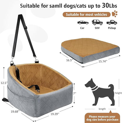 NEEZUKAR Dog Car Seat for Small Medium Dogs,Detachable Washable Dog Booster Seat Under 30lbs, Pet Car Seat Travel Bed with Storage Pockets and Dog Safety Belt(Grey/Brown)
