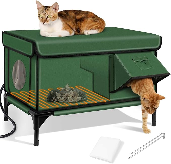 Heated Cat House for Outside,Dual Camera Mounts,100% Weatherproof & Extremely Insulated,Elevated Feral Cat Shelter with Escape Door,Waterproof Eaves for Outdoor Stray Barn Cat(Army Green,M)