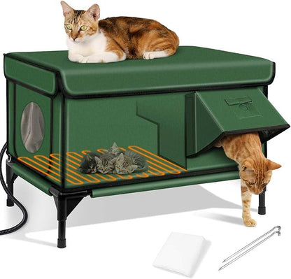 Heated Cat House for Outside,Dual Camera Mounts,100% Weatherproof & Extremely Insulated,Elevated Feral Cat Shelter with Escape Door,Waterproof Eaves for Outdoor Stray Barn Cat(Army Green,M)