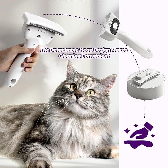 3 in-1 Cat & Dog Steam Comb for Long Short Hair for Any Size Cat & Dog Hair Removal & Shedding, Two Spray Mode with USB, Brush Haired Release Button - Include “2” Waterless Shampoo(White)