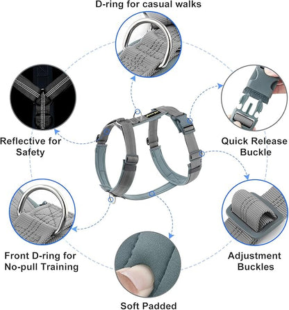 Plutus Pet No Pull Dog Harness, Adjustable Nylon Harness with Soft Padding, Reflective and Heavy Duty Dog Harness for Small, Medium, Large Dogs(Gray, S)