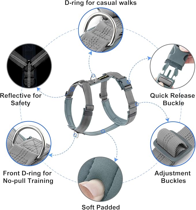 Plutus Pet No Pull Dog Harness, Adjustable Nylon Harness with Soft Padding, Reflective and Heavy Duty Dog Harness for Small, Medium, Large Dogs(Gray, XL)