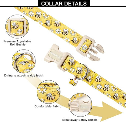 Lionet Paws Spring Dog Collar- Cute Bees Yellow Dogs Collar with Plastic Buckle and Bee Pendant,Dog Collar for Medium Large Dogs