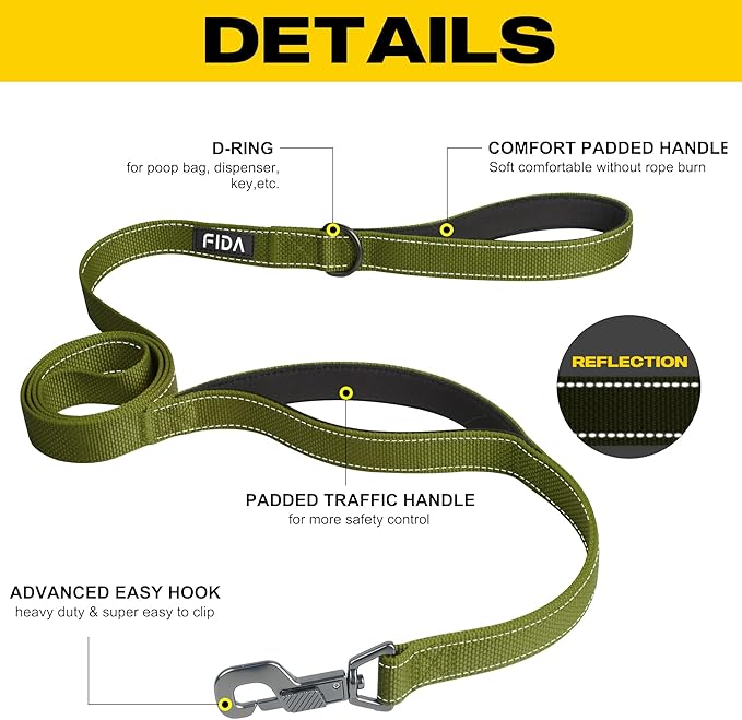 Fida 4 FT Heavy Duty Dog Leash with 2 Comfortable Padded Handles, Traffic Handle & Advanced Easy Snap Hook, Reflective Walking Lead for Large, Medium & Small Breed Dogs, Green
