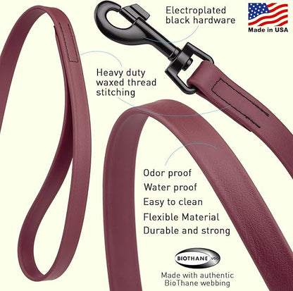 Dogline Biothane Waterproof Dog Leash Strong Coated Nylon Webbing with Black Hardware Odor-Proof Easy to Clean High Performance for Small or Large Dogs Made in USA 4 or 6 ft Lead, Merlot Burgundy
