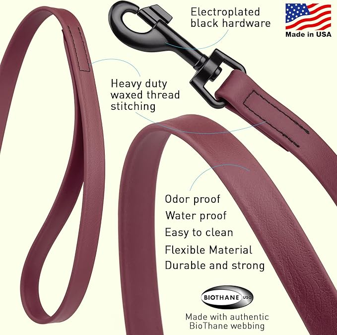 Dogline Biothane Waterproof Dog Leash Strong Coated Nylon Webbing with Black Hardware Odor-Proof Easy to Clean High Performance for Small or Large Dogs Made in USA 4 or 6 ft Lead, Merlot Burgundy