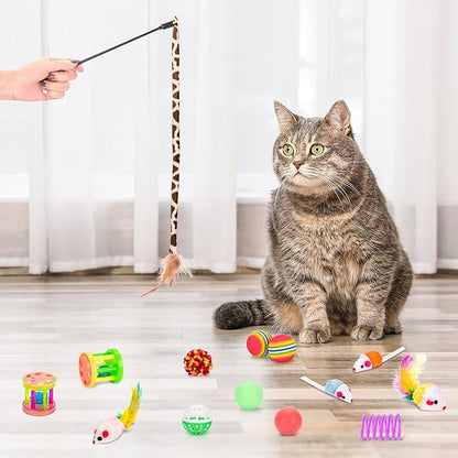 Retro Shaw Cat Toys Pack 33Pcs, Interactive Kitten Toys for Indoor Cats Kitty with Collapsible Play Tunnel Tube Tent Feather Wand Teaser Bell Fuzzy Ball Springs Mouse Toy