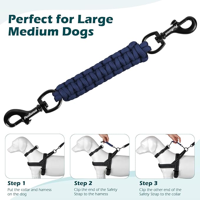 PetBonus Dog Collar Safety Clip, Handmade Backup Safety Strap for Dog Harness, Prong, Pinch Collar, Double Ended Clasp Leash Connector (Navy Blue)