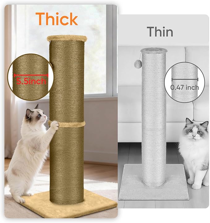 PAWSCRAT Cat Scratching Post 32 Inch High, 5.5 Inch Large Diameter Natural Sisal Cat Scratch Post, Scratch-Resistant and Durable Tall Cat Scratcher for Indoor Cats, Protect Your Furniture, Yellow
