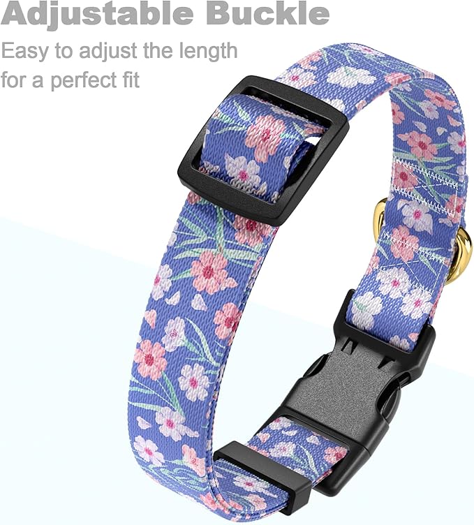 Rnivvi Dog Collar for Small Dogs, Cute Floral Heavy Duty Adjustable Puppy Collar with Quick Release Buckle for Girl & Female, Pet Accessories for Walking Running, XS Length 5/8" Width, White Blue