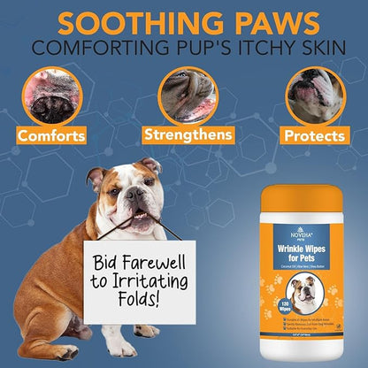 NOVEHA 240PCs - Wrinkle XL Wipes for Dogs | Wipes for Bulldog, French Bulldog, Pug, English Bulldog – Wipes for Multiple Areas Removes Dirt, Wrinkles, Folds, Tear Stain, Tail Pockets & Paws (2Pack)