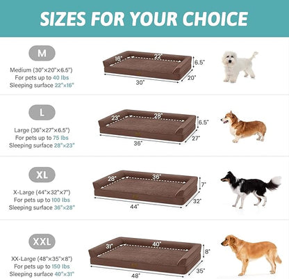 COZY KISS Dog Beds for Extra Large Dog, XXL Bolster Pet Couch with Waterproof Lining, Egg Crate Foam Sofa for Pets Up to 150 lbs, U-Shaped, 48x35x8 inch, Brown